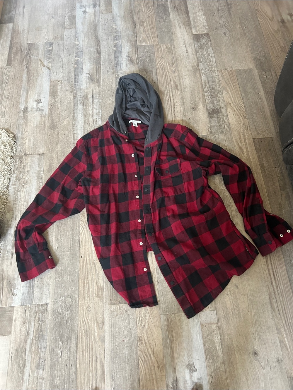 Men's Red & Black Plaid Casual Button-Down Shirt with Hood